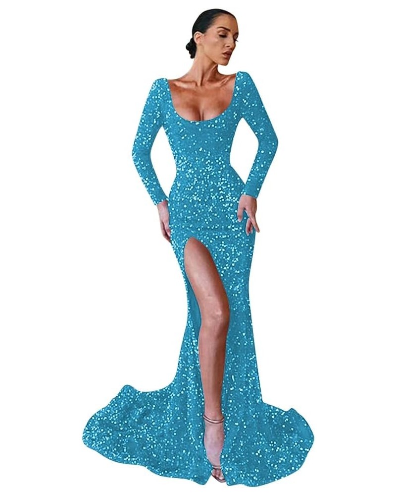 Sparkly Sequin Prom Dresses Long Sleeve Mermaid with Slit Detachable Train V-Neck Satin Formal Evening Gowns A-aqua $36.00 Dr...