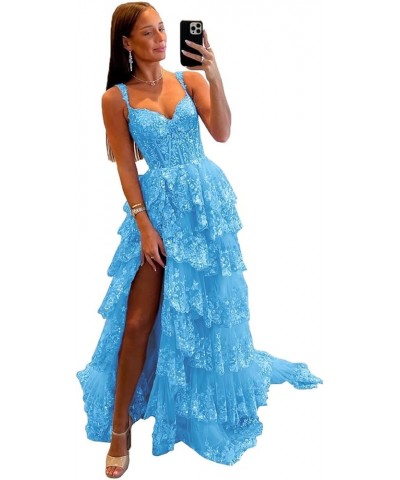 Women's Sparkly Off Shoulder Lace Appliques Prom Dresses 2024 Long Slit Formal Dress Ball Gown Tiered Evening Gowns Blue $50....