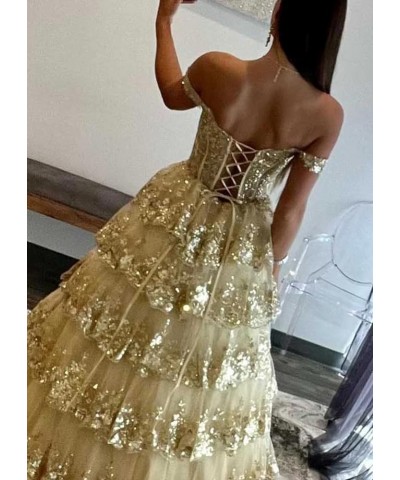 Women's Sparkly Off Shoulder Lace Appliques Prom Dresses 2024 Long Slit Formal Dress Ball Gown Tiered Evening Gowns Blue $50....