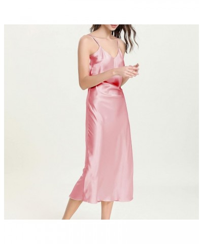 Women's Satin Nightgown Silk Slip Chemise Lingerie V Neck Lounge Dress Sexy Midi Cami Pink $11.65 Sleep & Lounge