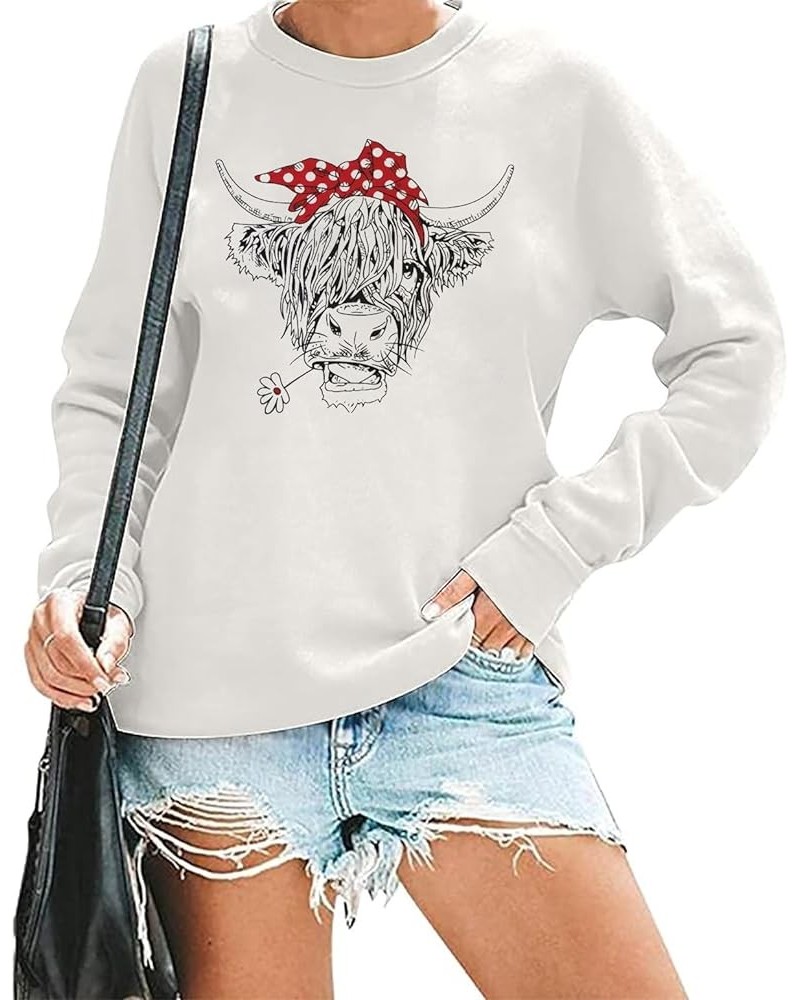 Women Cow Sweatshirt Highland Cow Print Hoodie Cowgirl Pullover Farm Life Lightweight Long Sleeve Tops White-01m $13.10 Others