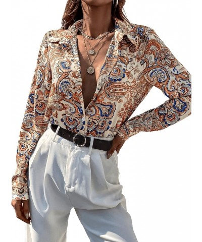 Women's Chiffon Sexy Leopard V Neck Long Sleeve Blouse Shirt Tops Beige Paisley $16.56 Blouses