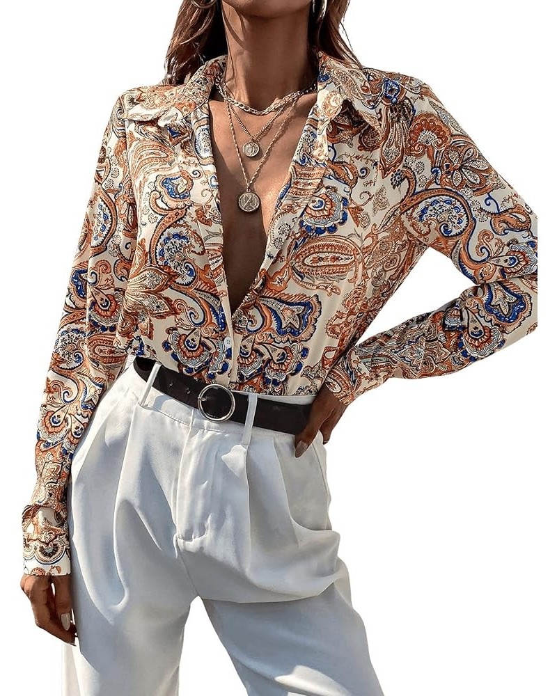 Women's Chiffon Sexy Leopard V Neck Long Sleeve Blouse Shirt Tops Beige Paisley $16.56 Blouses