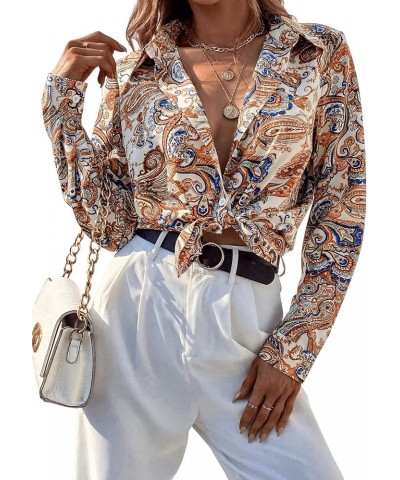 Women's Chiffon Sexy Leopard V Neck Long Sleeve Blouse Shirt Tops Beige Paisley $16.56 Blouses