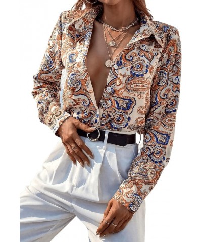 Women's Chiffon Sexy Leopard V Neck Long Sleeve Blouse Shirt Tops Beige Paisley $16.56 Blouses