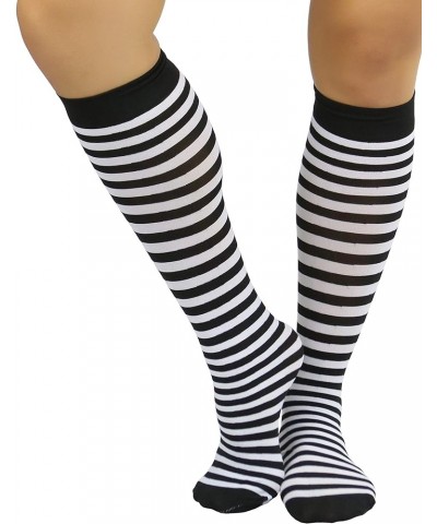 Women's Opaque Striped Knee High Warm Nylon Stockings Hosiery Fully Striped - Black & White $9.15 Socks