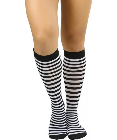 Women's Opaque Striped Knee High Warm Nylon Stockings Hosiery Fully Striped - Black & White $9.15 Socks