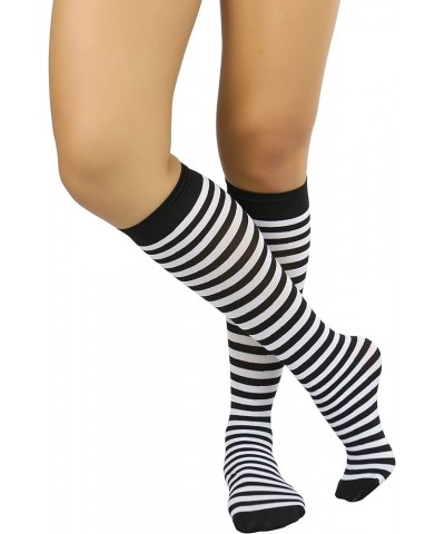 Women's Opaque Striped Knee High Warm Nylon Stockings Hosiery Fully Striped - Black & White $9.15 Socks