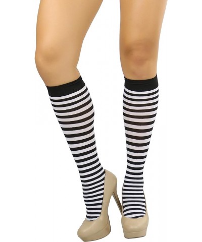 Women's Opaque Striped Knee High Warm Nylon Stockings Hosiery Fully Striped - Black & White $9.15 Socks