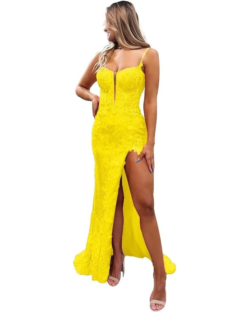 Spaghetti Straps Sequins Prom Dresses Long Lace Appliques Mermaid Formal Evening Party Gowns for Women with Slit Yellow $47.5...