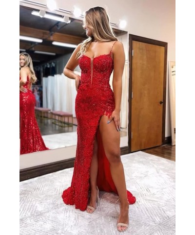 Spaghetti Straps Sequins Prom Dresses Long Lace Appliques Mermaid Formal Evening Party Gowns for Women with Slit Yellow $47.5...