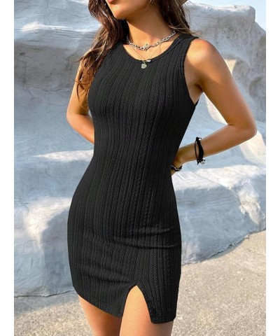 Women's Sleeveless Round Neck Split Hem Bodycon Pencil Mini Dress Black $13.20 Dresses