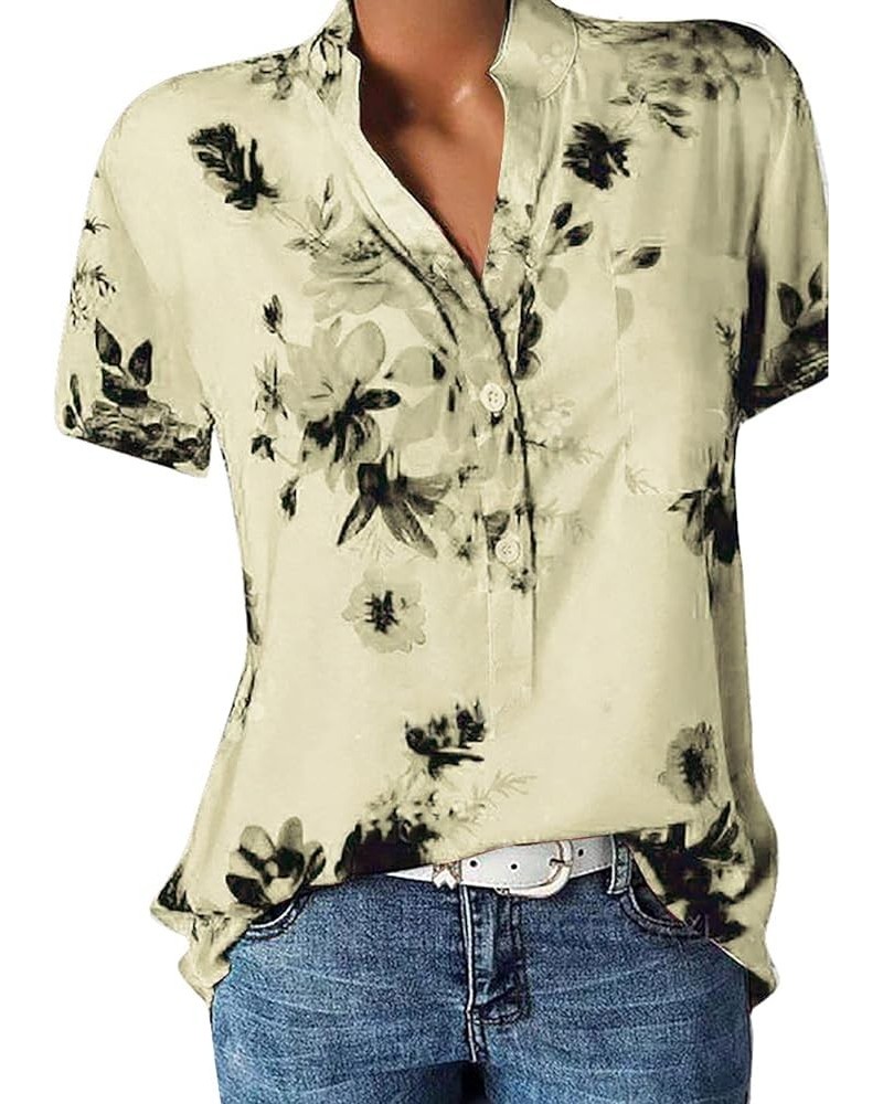 Summer Tops for Women 2023 Short Sleeve Button V Neck Graphic Floral Trendy Shirts Top Dressy Casual Tee Blouses B Beige $8.3...