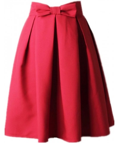 Women's A Line Pleated Vintage Skirt High Waist Midi Skater with Bow Tie Red $13.50 Skirts