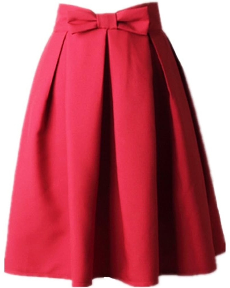 Women's A Line Pleated Vintage Skirt High Waist Midi Skater with Bow Tie Red $13.50 Skirts