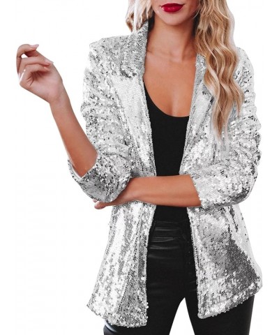 Women's Sequin Blazer Jacket Button Down Long Sleeve Sparkly Glitter Party Cardigan Coat with Pockets Silver $27.92 Blazers