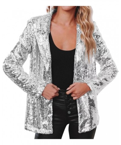 Women's Sequin Blazer Jacket Button Down Long Sleeve Sparkly Glitter Party Cardigan Coat with Pockets Silver $27.92 Blazers