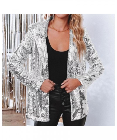 Women's Sequin Blazer Jacket Button Down Long Sleeve Sparkly Glitter Party Cardigan Coat with Pockets Silver $27.92 Blazers