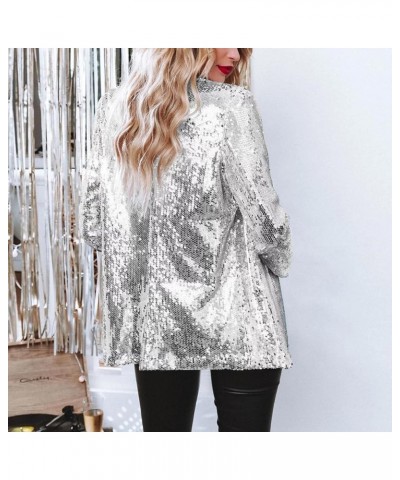 Women's Sequin Blazer Jacket Button Down Long Sleeve Sparkly Glitter Party Cardigan Coat with Pockets Silver $27.92 Blazers