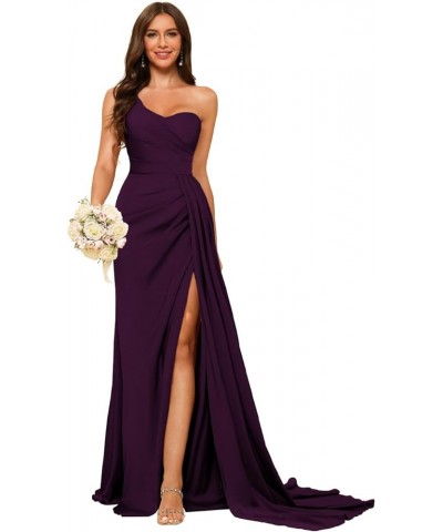 Women's One Shoulder Bridesmaid Dresses 2024 with Slit Wrap Long Ruched Satin Formal Prom Gowns for Party DE94 Plum $29.71 Dr...