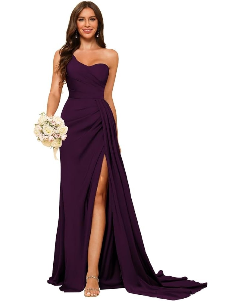 Women's One Shoulder Bridesmaid Dresses 2024 with Slit Wrap Long Ruched Satin Formal Prom Gowns for Party DE94 Plum $29.71 Dr...