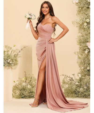 Women's One Shoulder Bridesmaid Dresses 2024 with Slit Wrap Long Ruched Satin Formal Prom Gowns for Party DE94 Plum $29.71 Dr...