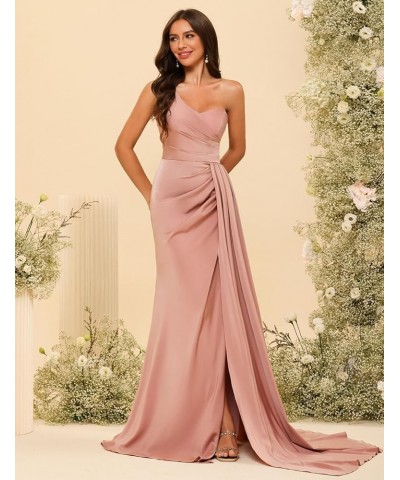 Women's One Shoulder Bridesmaid Dresses 2024 with Slit Wrap Long Ruched Satin Formal Prom Gowns for Party DE94 Plum $29.71 Dr...