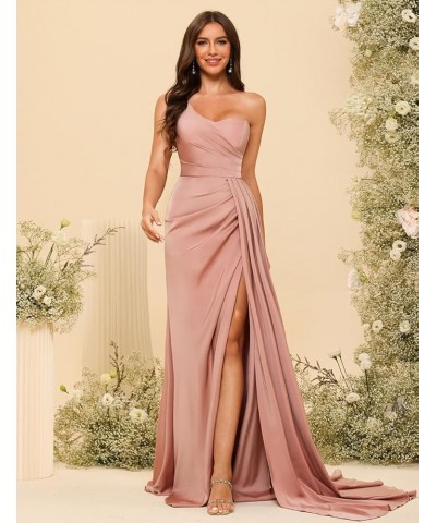 Women's One Shoulder Bridesmaid Dresses 2024 with Slit Wrap Long Ruched Satin Formal Prom Gowns for Party DE94 Plum $29.71 Dr...