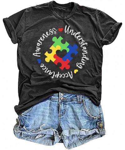 Autism Awareness Shirts Women Autistic Support Tshirt Puzzle Piece Heart Graphic Inspirational Tops Grey $10.19 T-Shirts