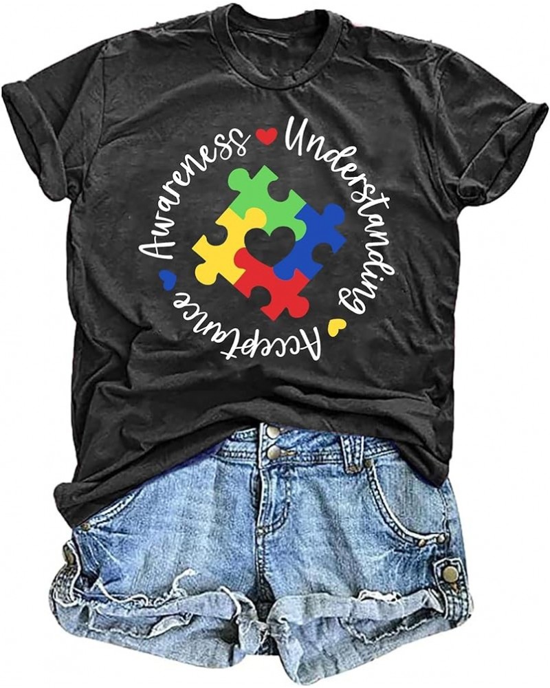 Autism Awareness Shirts Women Autistic Support Tshirt Puzzle Piece Heart Graphic Inspirational Tops Grey $10.19 T-Shirts