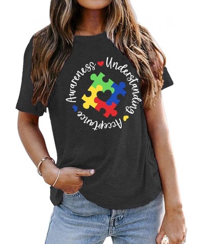 Autism Awareness Shirts Women Autistic Support Tshirt Puzzle Piece Heart Graphic Inspirational Tops Grey $10.19 T-Shirts