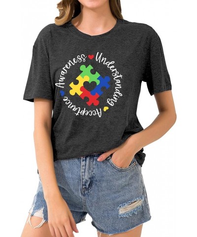 Autism Awareness Shirts Women Autistic Support Tshirt Puzzle Piece Heart Graphic Inspirational Tops Grey $10.19 T-Shirts