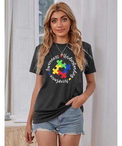 Autism Awareness Shirts Women Autistic Support Tshirt Puzzle Piece Heart Graphic Inspirational Tops Grey $10.19 T-Shirts