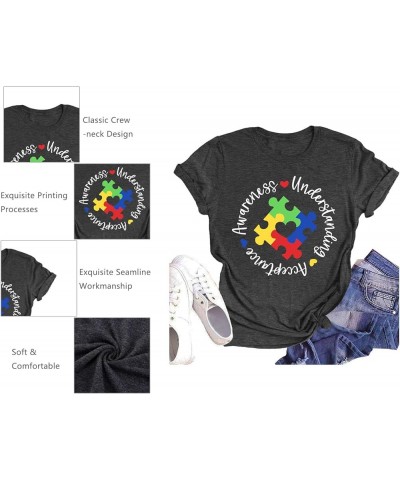 Autism Awareness Shirts Women Autistic Support Tshirt Puzzle Piece Heart Graphic Inspirational Tops Grey $10.19 T-Shirts