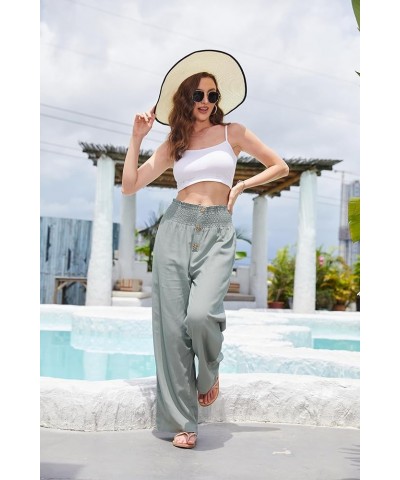 Womens Cotton Linen Pants Wide Leg High Waisted Drawstring Casual Summer Palazzo Pants Green $22.79 Pants