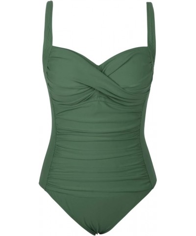 Women's One Piece Swimsuits Front Twist Bathing Suits Tummy Control Swimwear Retro Inspired Monokini Army Green $7.50 Swimsuits