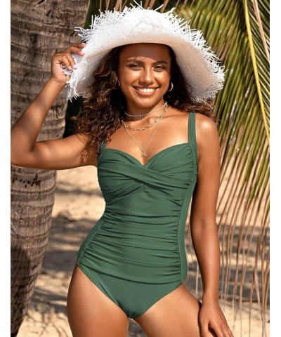 Women's One Piece Swimsuits Front Twist Bathing Suits Tummy Control Swimwear Retro Inspired Monokini Army Green $7.50 Swimsuits