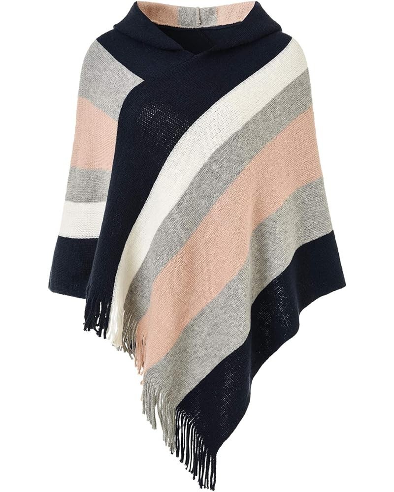 Women's Casual Striped Poncho Sweater Versatile Fringe Shawl Wrap Hooded: Navy Blue & Pink $14.08 Sweaters