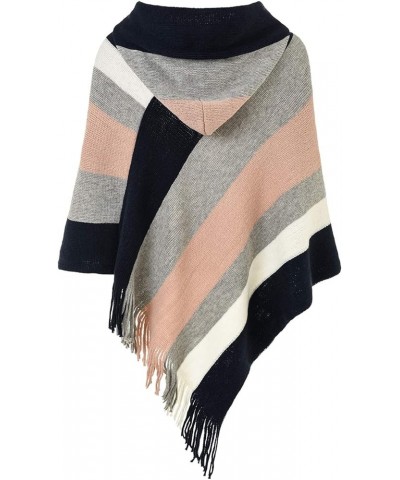 Women's Casual Striped Poncho Sweater Versatile Fringe Shawl Wrap Hooded: Navy Blue & Pink $14.08 Sweaters