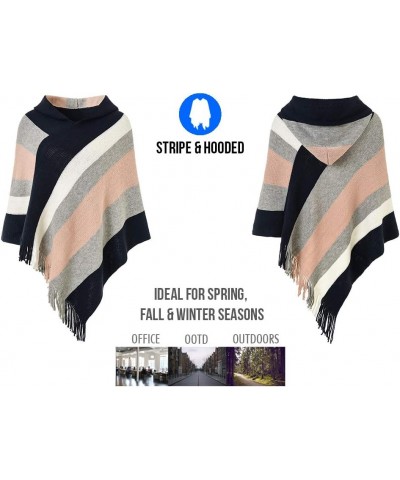 Women's Casual Striped Poncho Sweater Versatile Fringe Shawl Wrap Hooded: Navy Blue & Pink $14.08 Sweaters