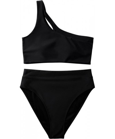 Women Cutout One Shoulder High Waisted Bikini High Cut Two Piece Swimsuits Black $21.45 Swimsuits