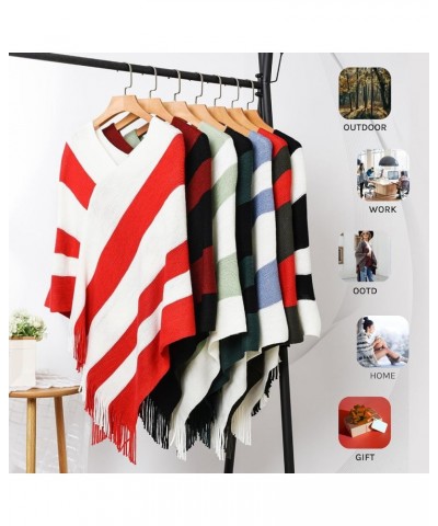 Women's Casual Striped Poncho Sweater Versatile Fringe Shawl Wrap Hooded: Navy Blue & Pink $14.08 Sweaters