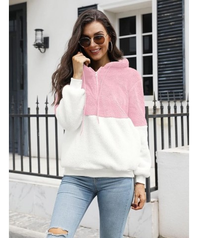 Womens Long Sleeve Fuzzy Hoodies Warm Fleece Pullover Sweaters Zipped Up with Pocket Deep Pink White $19.00 Hoodies & Sweatsh...