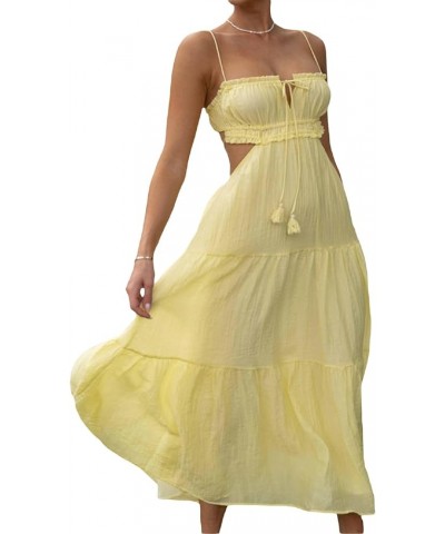 Women Spaghetti Strap Flowy Long Dress Cut Out Backless Tiered Maxi Dress Sleeveless Ruffle Bobo Beach Sundress Yellow $23.70...