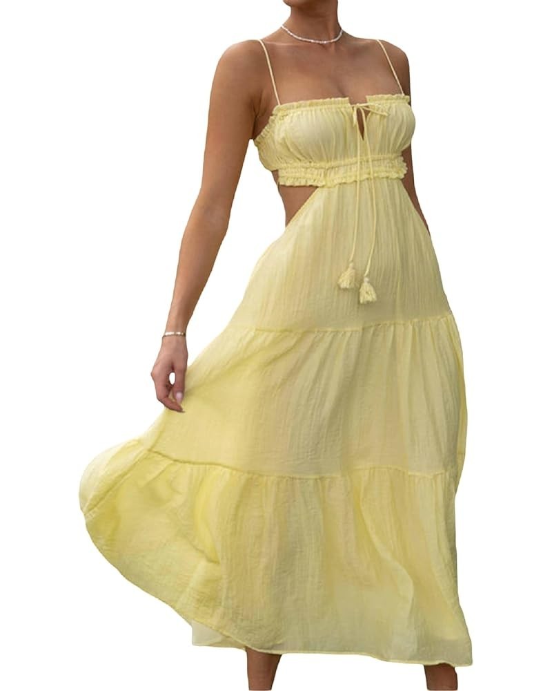 Women Spaghetti Strap Flowy Long Dress Cut Out Backless Tiered Maxi Dress Sleeveless Ruffle Bobo Beach Sundress Yellow $23.70...