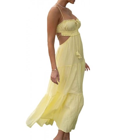 Women Spaghetti Strap Flowy Long Dress Cut Out Backless Tiered Maxi Dress Sleeveless Ruffle Bobo Beach Sundress Yellow $23.70...