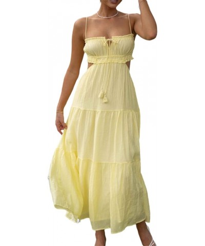 Women Spaghetti Strap Flowy Long Dress Cut Out Backless Tiered Maxi Dress Sleeveless Ruffle Bobo Beach Sundress Yellow $23.70...