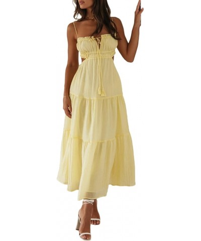 Women Spaghetti Strap Flowy Long Dress Cut Out Backless Tiered Maxi Dress Sleeveless Ruffle Bobo Beach Sundress Yellow $23.70...