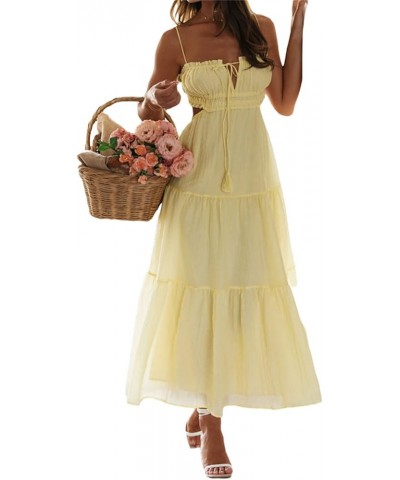 Women Spaghetti Strap Flowy Long Dress Cut Out Backless Tiered Maxi Dress Sleeveless Ruffle Bobo Beach Sundress Yellow $23.70...