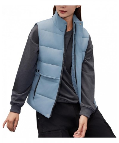 Women's Puffer Vest Casual Sleeveless Lightweight Outerwear for Winter Stand Collar Zip Up with Pockets Blue $14.26 Vests